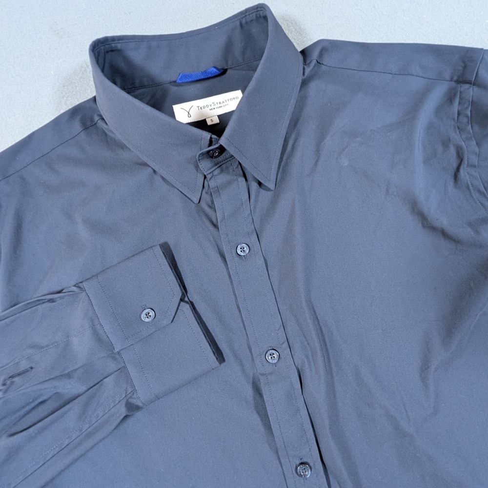 Teddy Stratford Zip Fit Shirt Mens Size 5 Navy Blue Long Sleeve Button Down